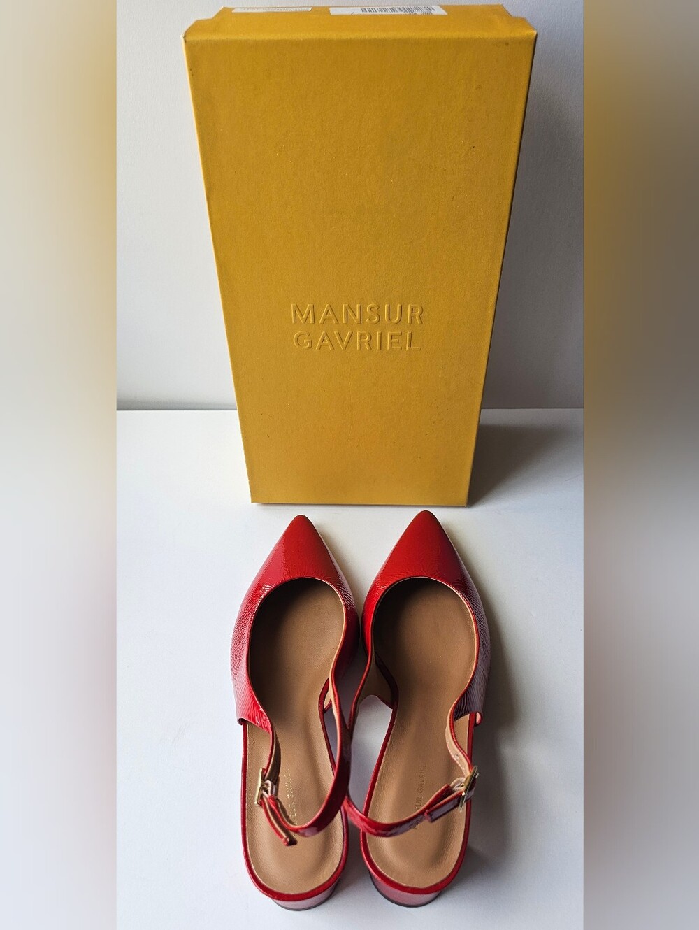 NEW MANSUR GAVRIEL Patent Leather Pointy Toe Slingback Pumps in Poppy Sz EU 37.5